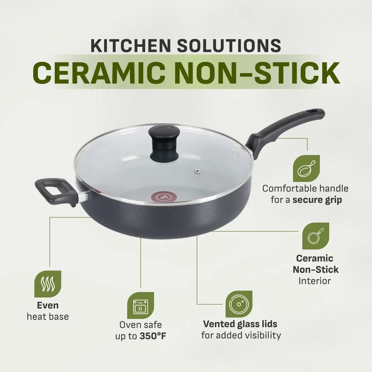 T-Fal Kitchen Solutions Black 5 Quarts Ceramic Non-Stick Jumbo Cooker Sauté Pan with Lid & Helper Handle