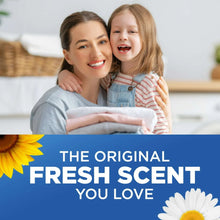 Fresh scent detergent marketing scene with smiling mother and child.