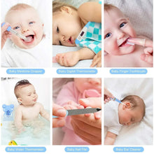 Baby grooming tools: medicine dropper, digital thermometer, finger toothbrush, nail file, ear cleaner