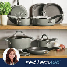 Gray hard enamel cookware set with pots, lids, and matching side handles