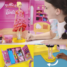 Playset doll stand with blonde fashion doll and dress panel being fitted