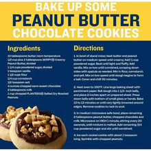 Recipe card for peanut butter chocolate cookies with ingredients and directions