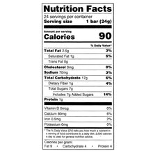 Nutrition Facts panel for 1 bar (24 g) granola bar, calories 90 and nutrients