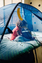 Child firefly bed tent with blue mesh roof and black frame, moon and dot print