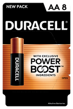 AA 8-pack alkaline battery card with Duracell logo and copper-toned AA cell