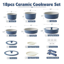 Navy ceramic cookware set with detachable handles, 18-piece pot and pan assortment.