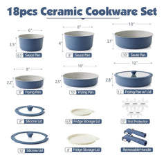 SENSARTE Ceramic Nonstick Pots and Pans Set with Detachable Handle, 18Pcs Induction Kitchen Cookware Sets Stackable, Dishwasher/Oven Safe(Navy Blue) - USA MEGA SHOP
