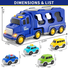 Blue city truck carrier toy with multiple window bays and small cars, front 3D view