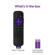 Black Roku TV remote control with included AAA batteries, front button panel visible