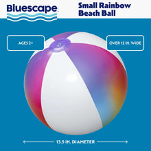 Small rainbow inflatable beach ball with purple valve and rainbow gradient stripes.
