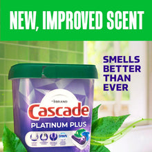 Cascade Platinum Plus dishwasher detergent tub with fresh scent leaves