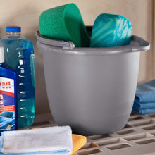 Sterilite spout pail in titanium gray holding green and blue cleaning sponges