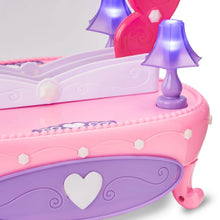 Plastic vanity set with pink and purple base, heart panel, and light-up top pieces