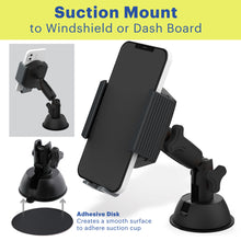 Suction mount to windshield or dashboard with adhesive disk and adjustable phone cradle