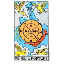 Wheel of Fortune tarot card with sun compass and angel figures
