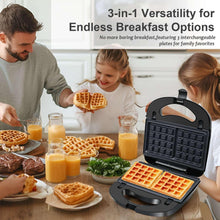 3-in-1 sandwich and waffle maker with open dual plates holding cooked waffles