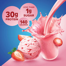 Strawberry milkshake protein graphic: 30g protein, less than 1g sugar, 140 calories