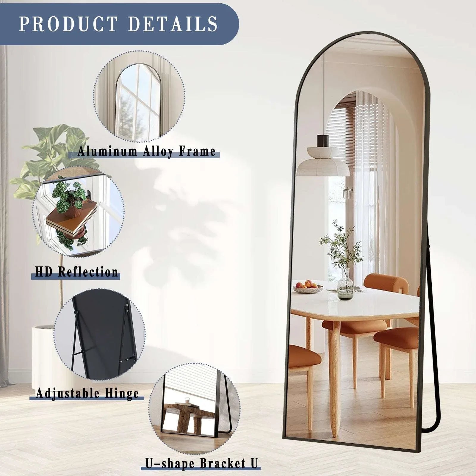 SEETHRUGLIMMER 64"x21.2" Arched Full Length Mirror Wall-Mounted Floor Mirror with Stand, Black