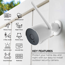 White outdoor security camera with long antenna on wall mount, front lens visible
