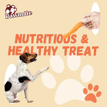 Sweet potato dog treat strips held in hand, with a standing dog near treat packaging