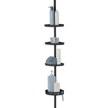 4-tier tension pole shower caddy with black shelves and central stand
