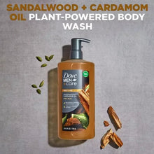 Body wash bottle with pump, Dove Men+Care Sandalwood+Cardamom, tan-brown bottle