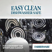 Dishwasher with black nonstick pots and pans arranged on racks