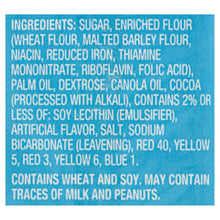 Ingredients panel for chocolate creme wafer cookies on blue package