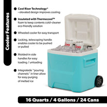 Aqua hard-sided ice chest cooler with white lid open, wheeled base and side handle