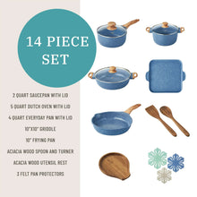 Blue cast aluminum cookware assortment with 14-piece set layout and lids