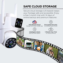 White dual-lens outdoor security camera with pan-tilt design, front view