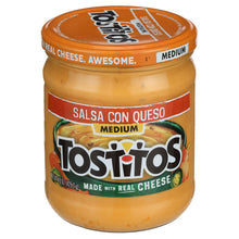 Tostitos Salsa con Queso medium jar with orange lid and cheese dip spread