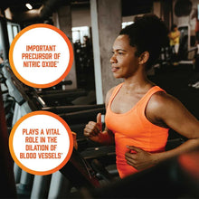 L-Arginine supplement promo with fitness messages over gym workout scene