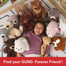 Beige teddy bear plush among other stuffed animals on a rug