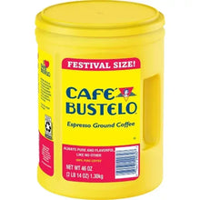 Cafe Bustelo ground espresso coffee canister with yellow back label and barcode