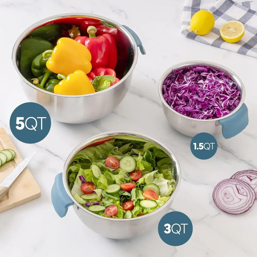 COOK WITH COLOR Stainless Steel Mixing Bowls Set and Measuring Cups- Nesting Bowls with Non-Slip Bottom and Easy-Grip Handles, 11 Pieces - USA MEGA SHOP