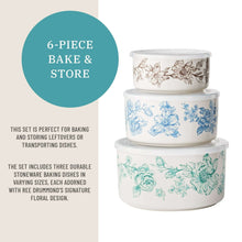 Stacked 3 nesting baker bowls with clear lids, floral stoneware for baking and storage