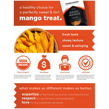 Terrasoul dried mango slices label with orange callouts and pouch shown