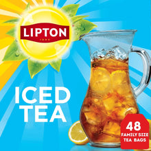 Lipton iced tea box with 48 family size badge and clear pitcher of iced tea