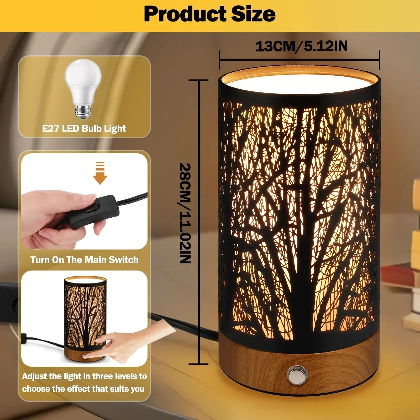 Table Lamps for Bedroom, 3-Way Dimmable Touch Control Bedside Lamp, Nightstand Lamp with Metal Branch Shade for Office, Living Room, Reading(E26 Light Bulb Included)