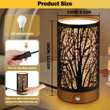 Table lamp with black cylindrical shade and wooden base, shown with size diagram overlay.