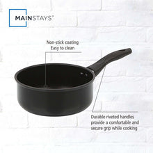 Black nonstick saucepan with durable riveted handle for easy cleaning