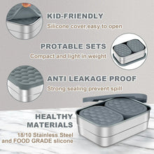 Stainless steel lunch container with two grey silicone lids, hex pattern sealing covers