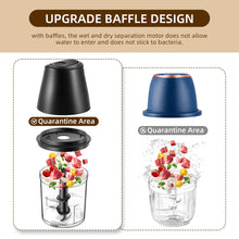 Electric food chopper showing internal baffle design cutaway