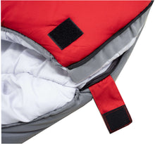 Red mummy sleeping bag with soft light-gray liner, gray zipper trim and black label