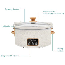 Linen speckled slow cooker with digital panel, locking lid, and tempered glass