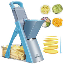 Blue mandoline slicer with stainless steel blade tray and upright food guide