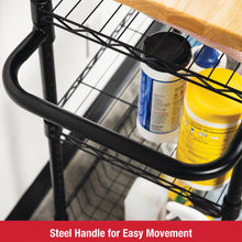 3-tier rolling utility cart with curved steel handle and bottles on wire shelf