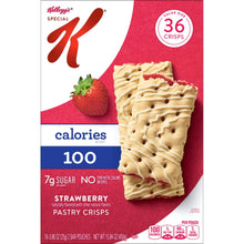 Strawberry pastry crisps box front with 36 crisp value size and 100 calories