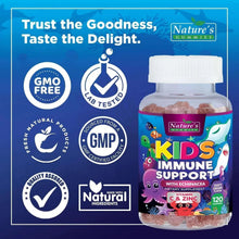 Kids immune support gummy bottle with GMP, GMO-free and lab-tested badges on blue label